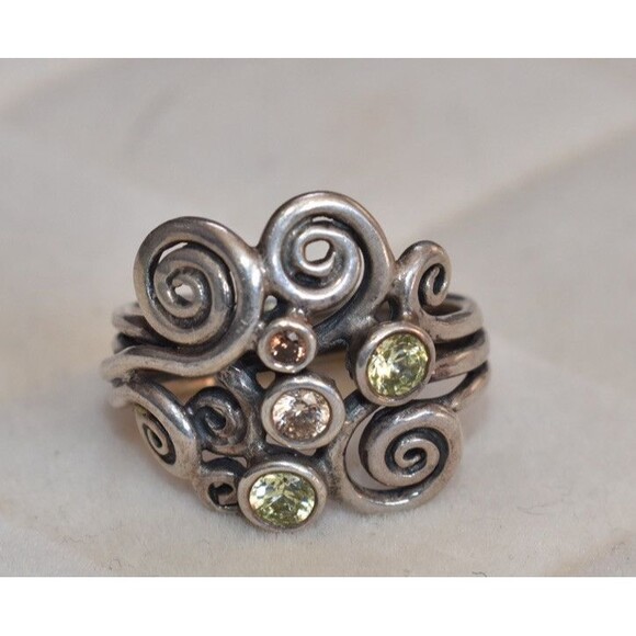 Pandora Green & Champagne Sterling Silver Autumn Winds Swirls Ring Size 6 RARE - Picture 1 of 5